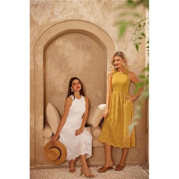 Women's Summer Sleeveless Tank Midi Dress Cotton Crewneck Dress with Pockets - Picture 4 of 6